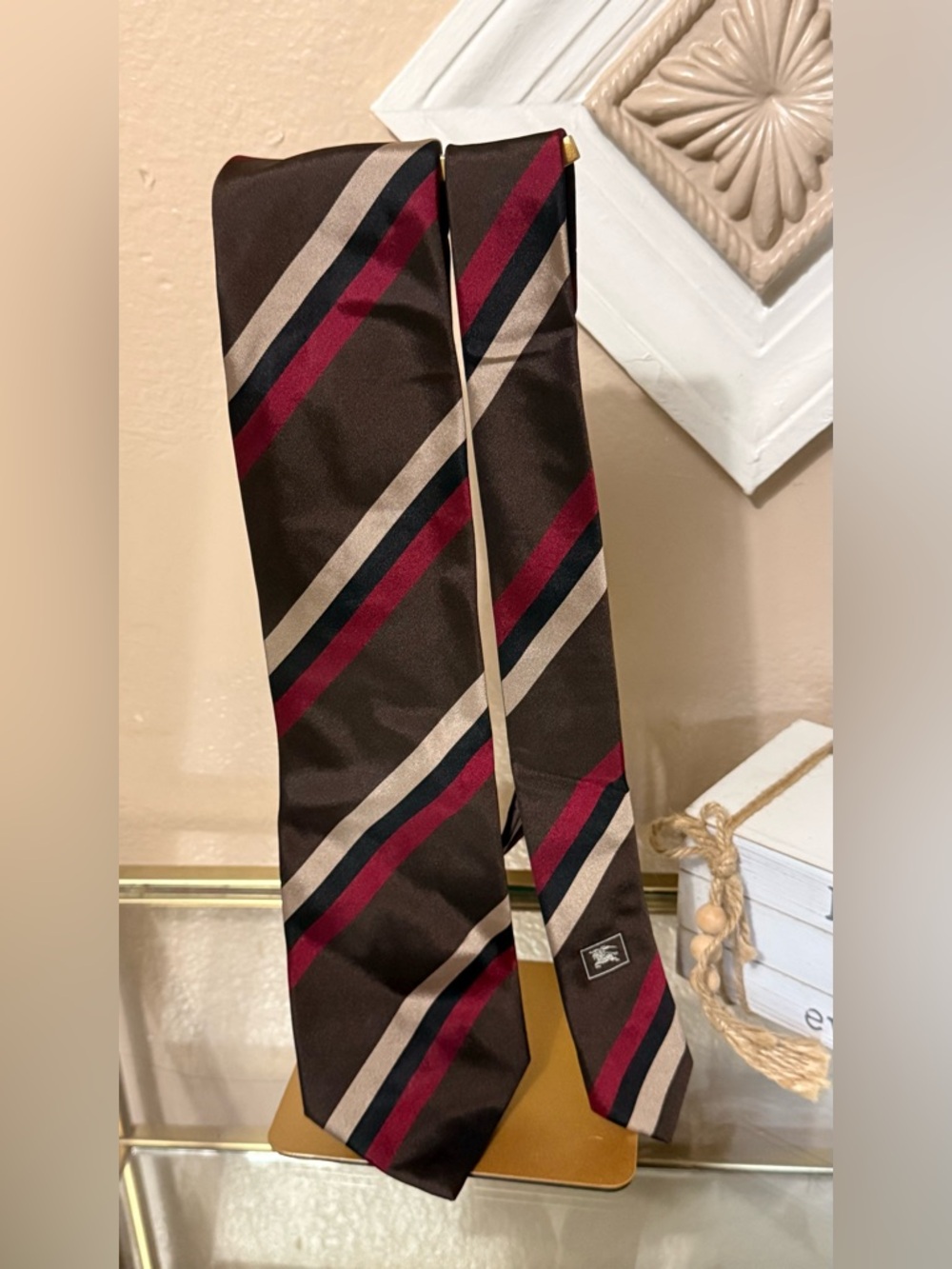 Burberry Brown Silk Tie with Red, Navy and Beige Stripes